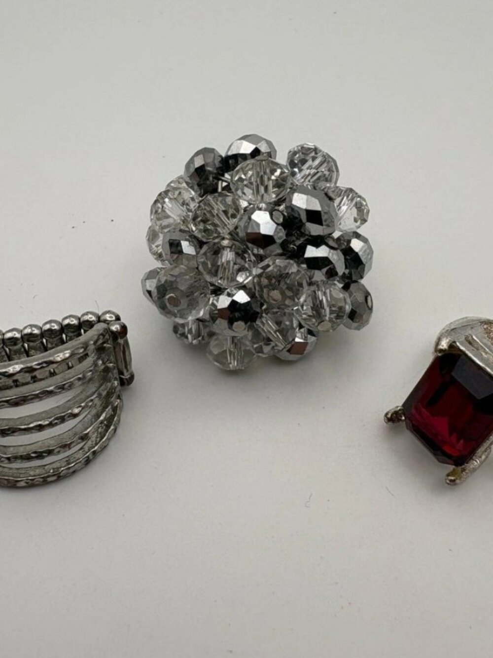 3 Vintage Costume Rings Lot Red Glass Emerald Cut Crystal Cluster Stretch Band